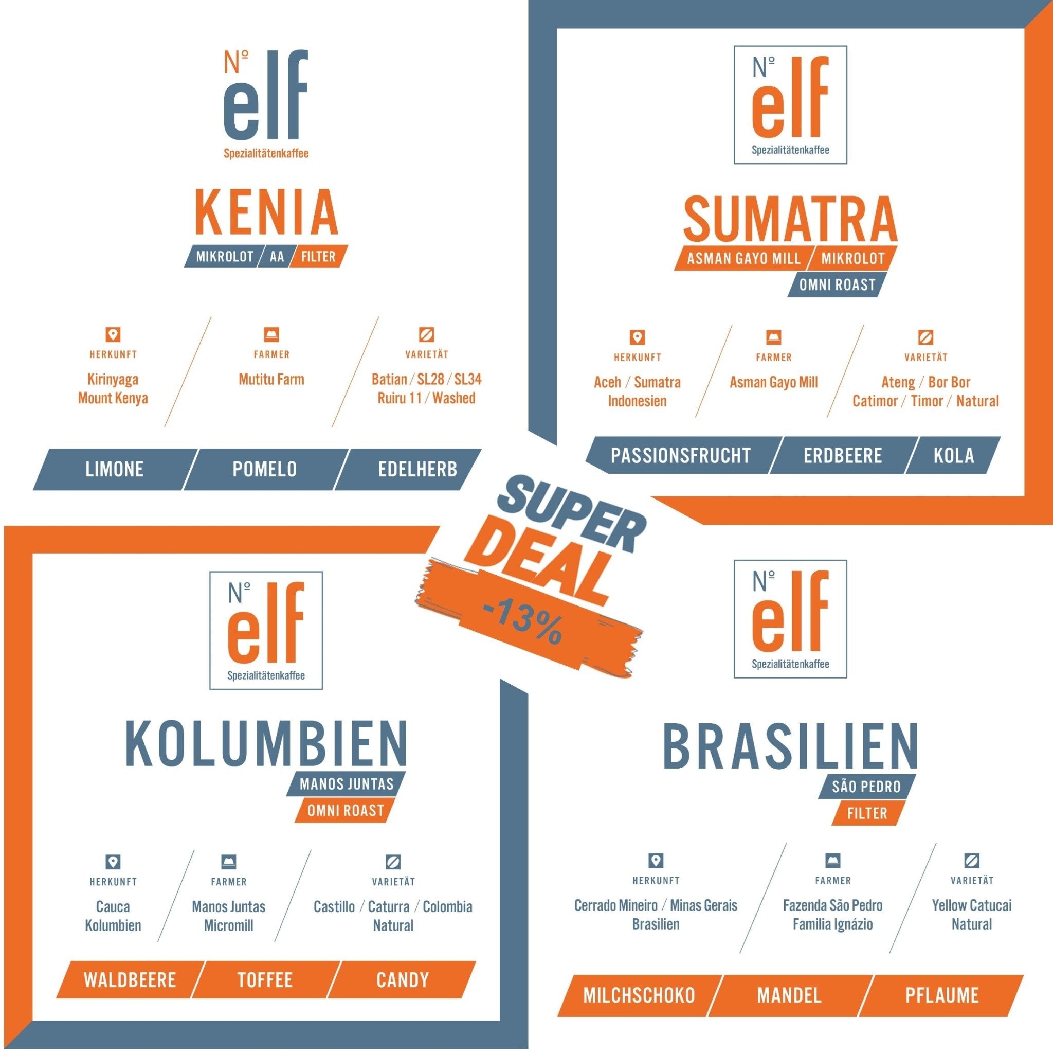 Kaffeebohnen FILTERKAFFEE Probier-Quartett - No. elf Spezialitätenkaffee